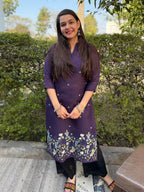Midnight Wine Floral Embroidered Rayon Straight Kurta for Women