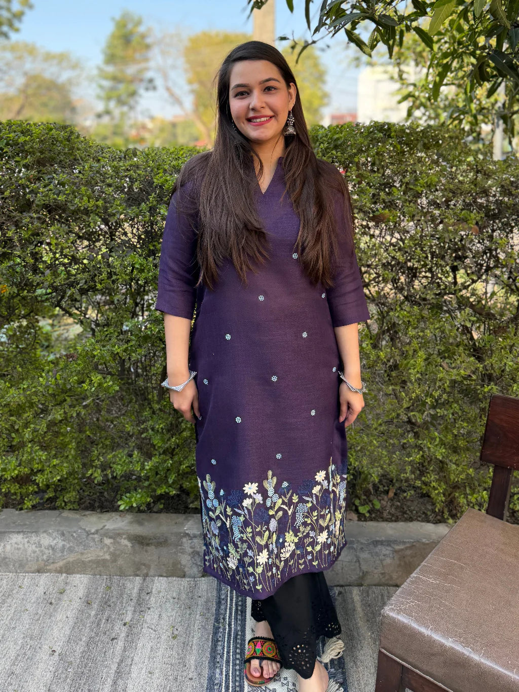 Midnight Wine Floral Embroidered Rayon Straight Kurta for Women