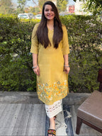 Mustard Yellow Floral Embroidered Rayon Straight Kurta for Women