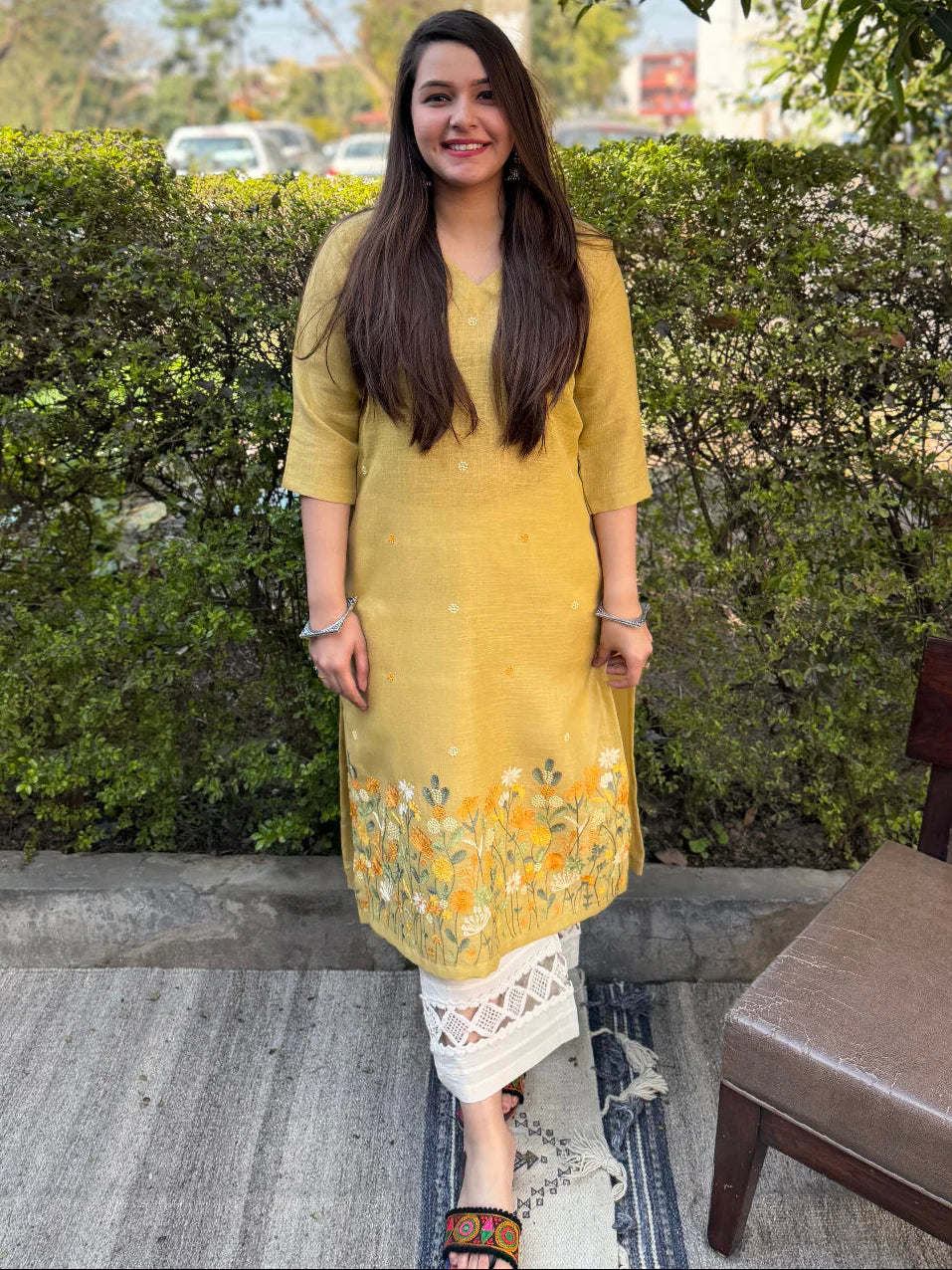Mustard Yellow Floral Embroidered Rayon Straight Kurta for Women