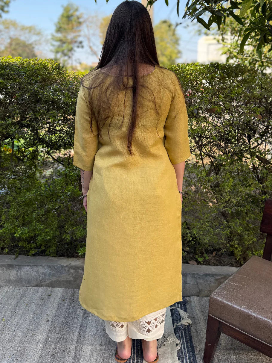 Mustard Yellow Floral Embroidered Rayon Straight Kurta for Women