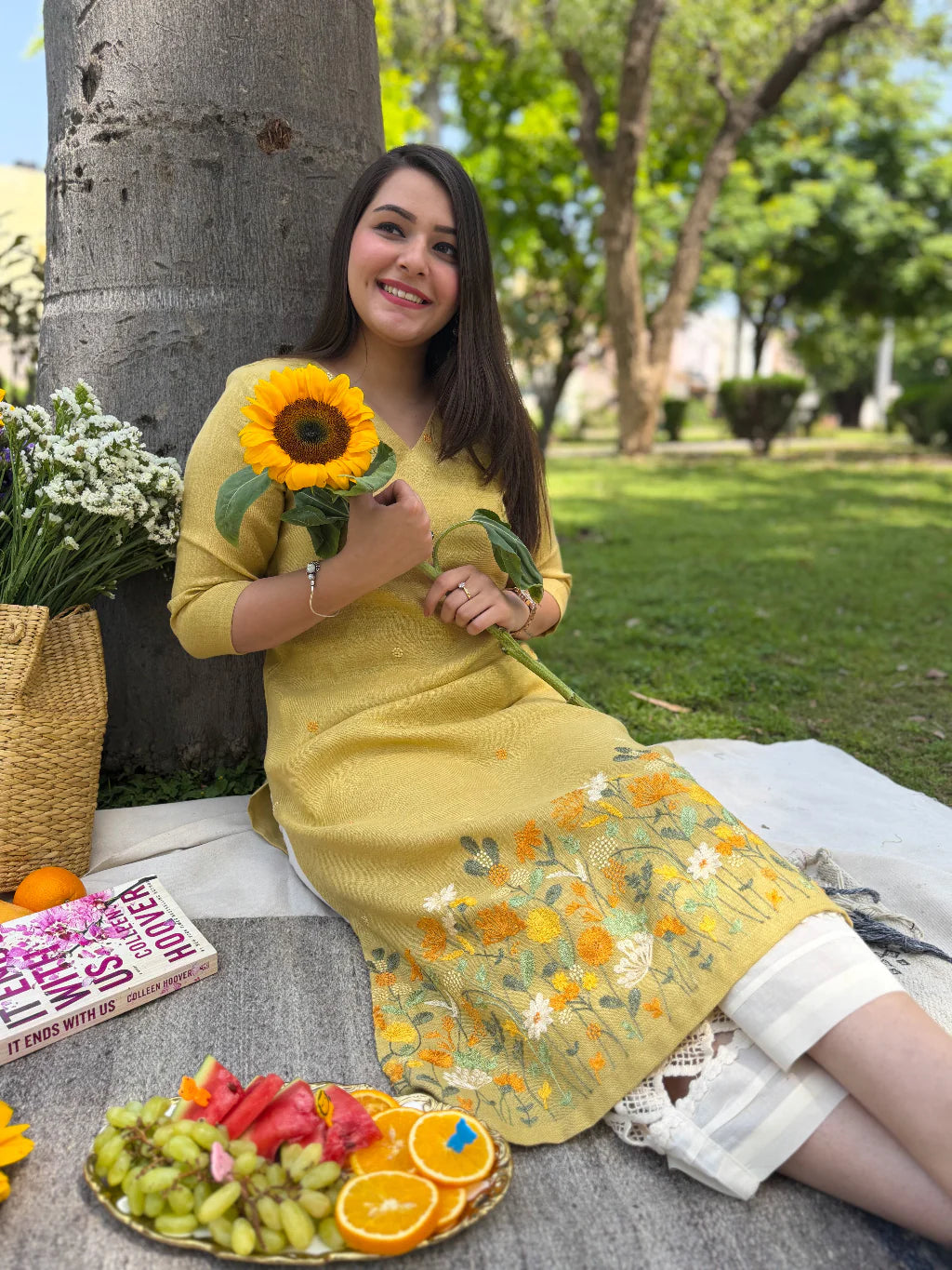 Mustard Yellow Floral Embroidered Rayon Straight Kurta for Women