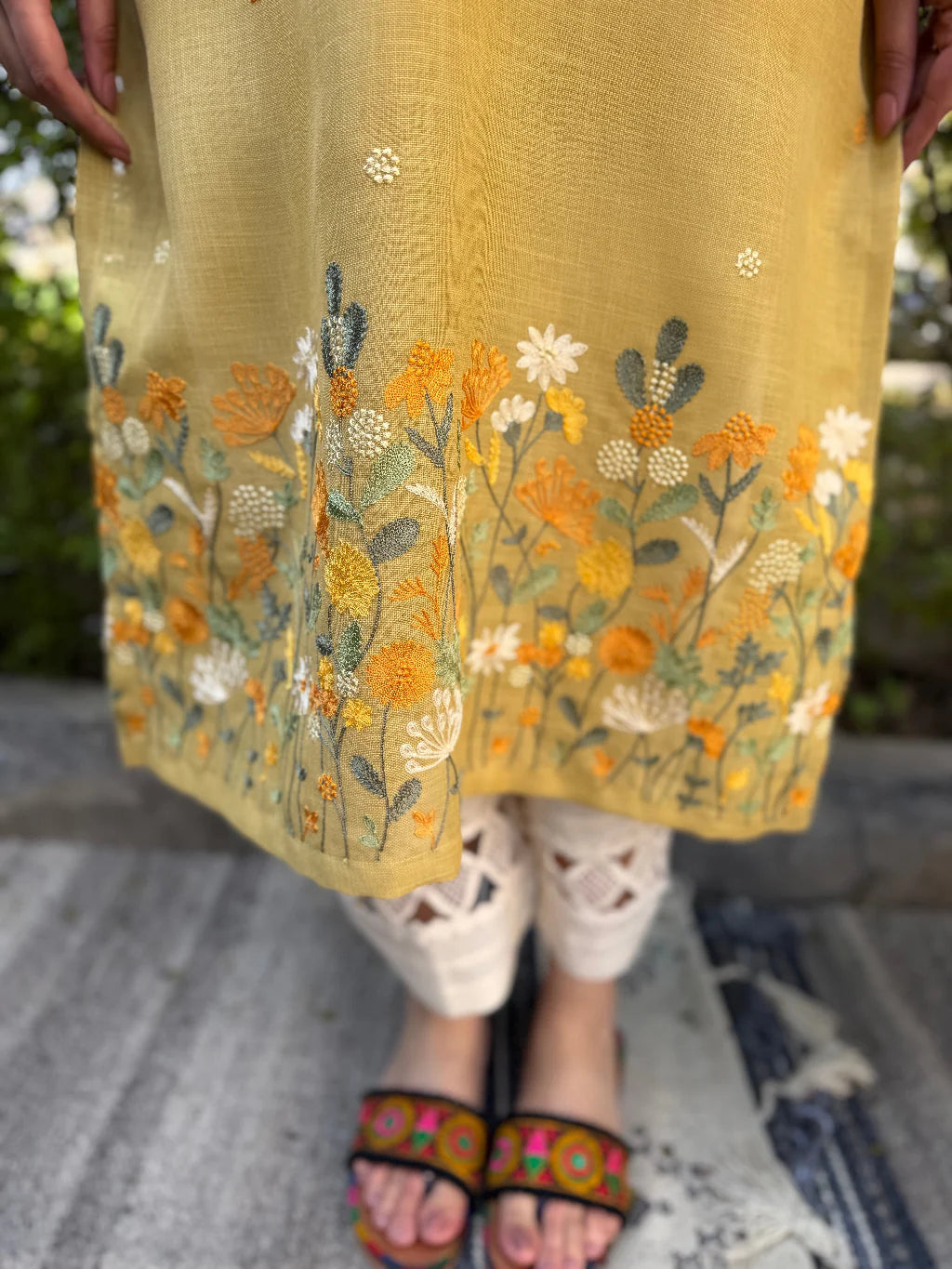 Mustard Yellow Floral Embroidered Rayon Straight Kurta for Women