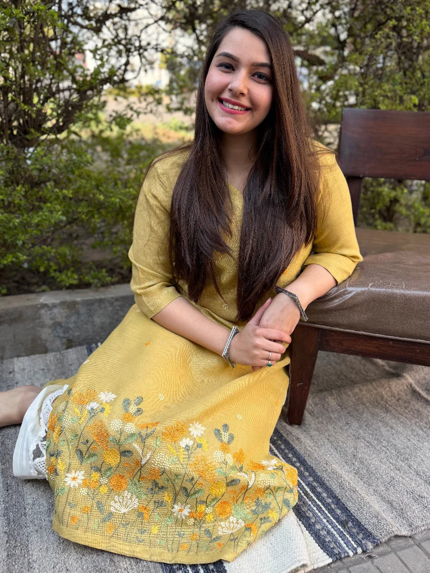 Mustard Yellow Floral Embroidered Rayon Straight Kurta for Women