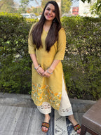 Mustard Yellow Floral Embroidered Rayon Straight Kurta for Women