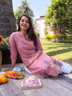 Blush Pink Floral Embroidered Rayon Straight Kurta for Women