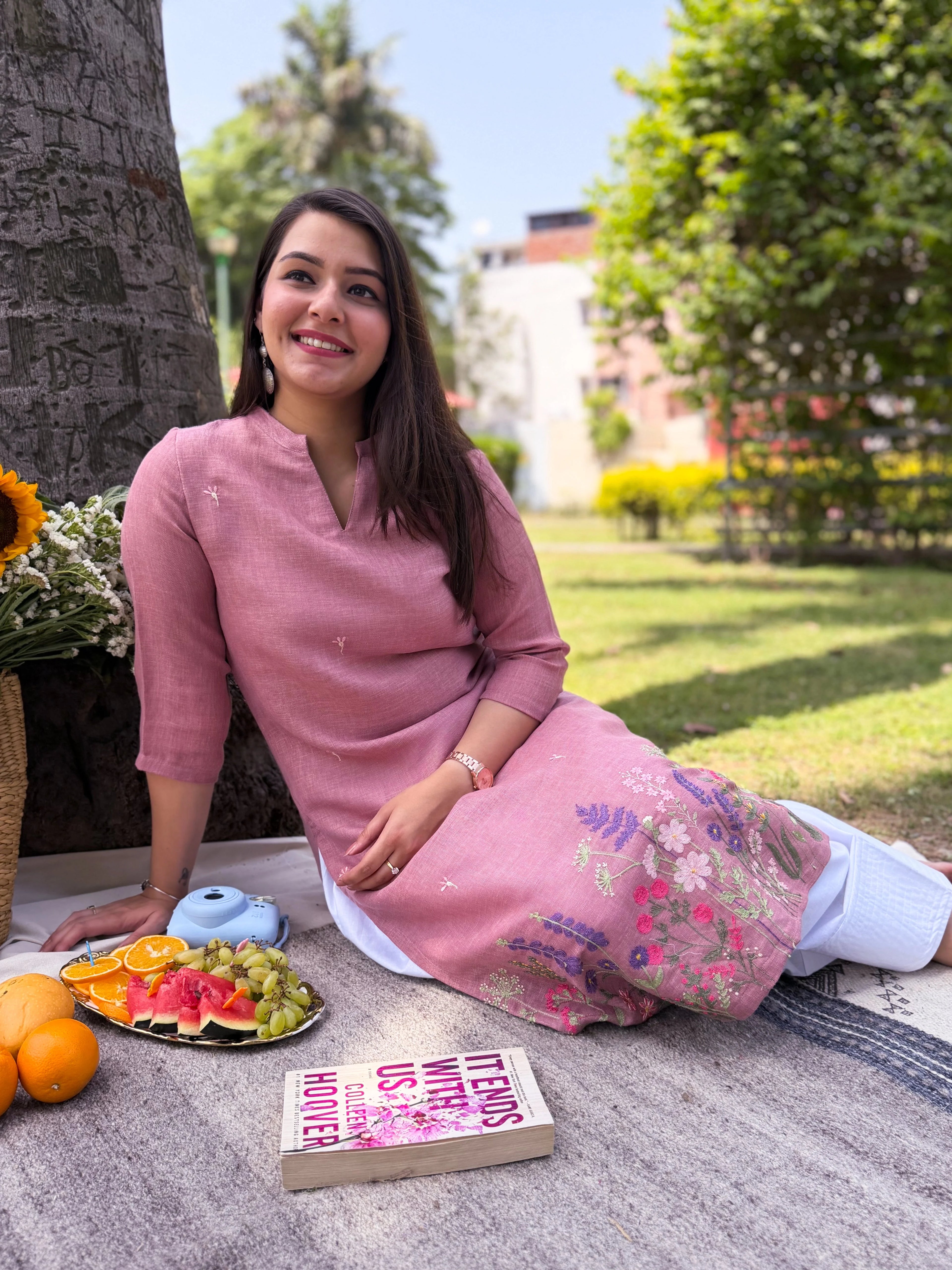 Blush Pink Floral Embroidered Rayon Straight Kurta for Women