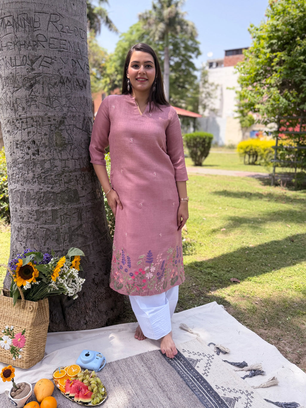 Blush Pink Floral Embroidered Rayon Straight Kurta for Women