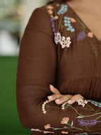 Women's Brown Embroidered Crinkle Anarkali Kurta Set with Chiffon Dupatta | Premium Ethnic Wear
