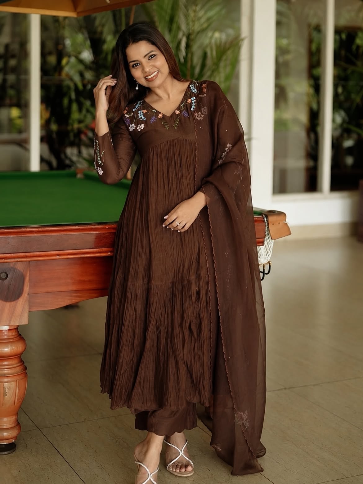 Women's Brown Embroidered Crinkle Anarkali Kurta Set with Chiffon Dupatta | Premium Ethnic Wear