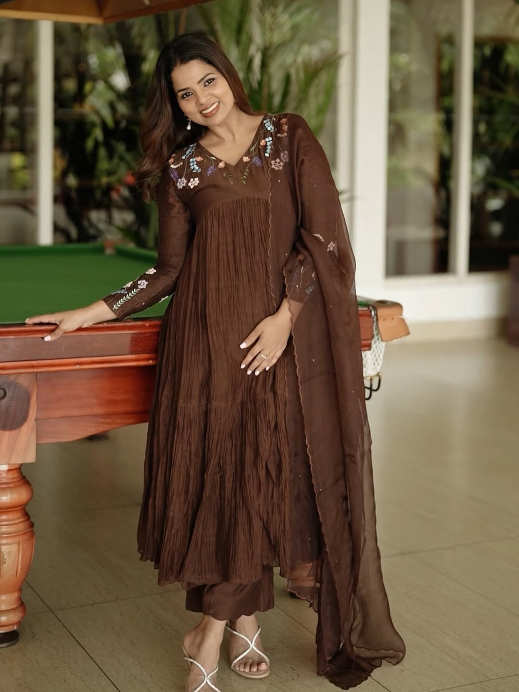 Women's Brown Embroidered Crinkle Anarkali Kurta Set with Chiffon Dupatta | Premium Ethnic Wear
