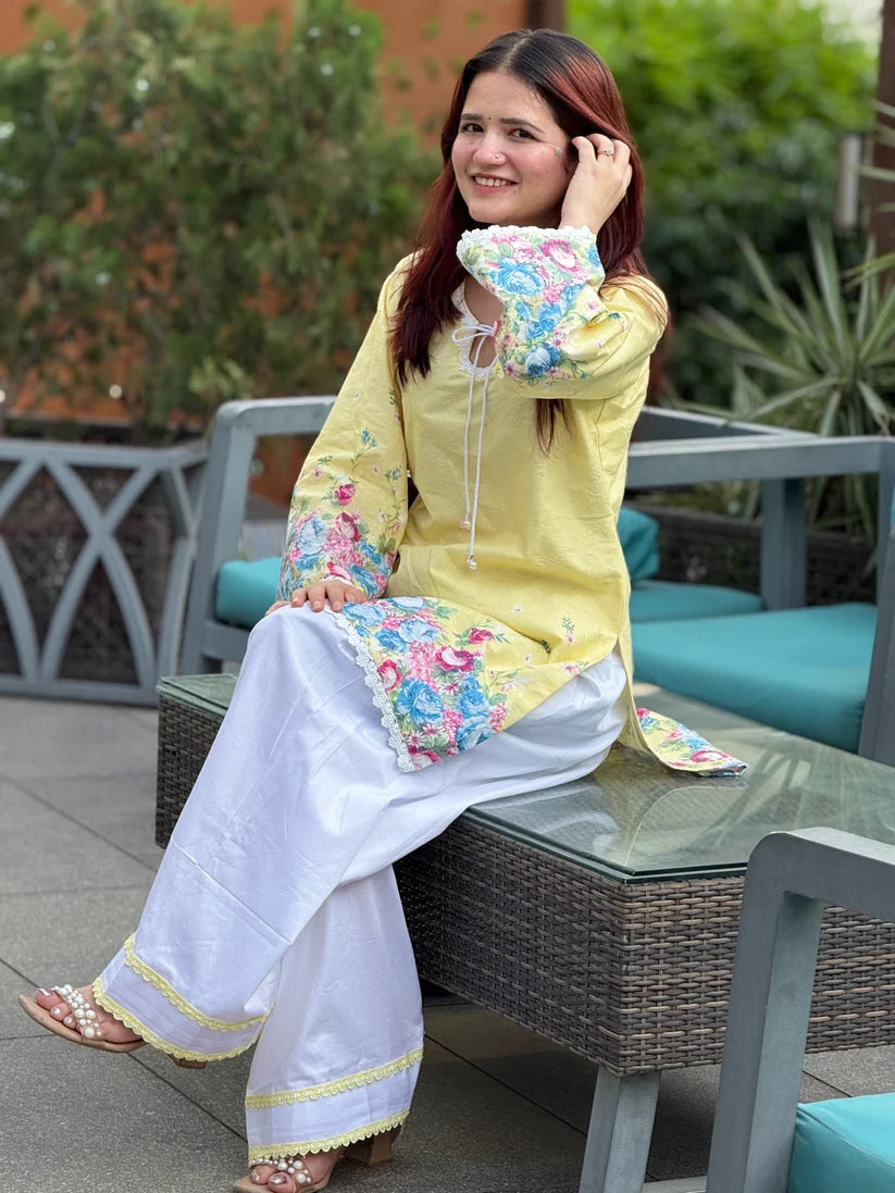 Women's Sunshine Yellow Floral Printed Cotton Farsi Salwar Suit Set