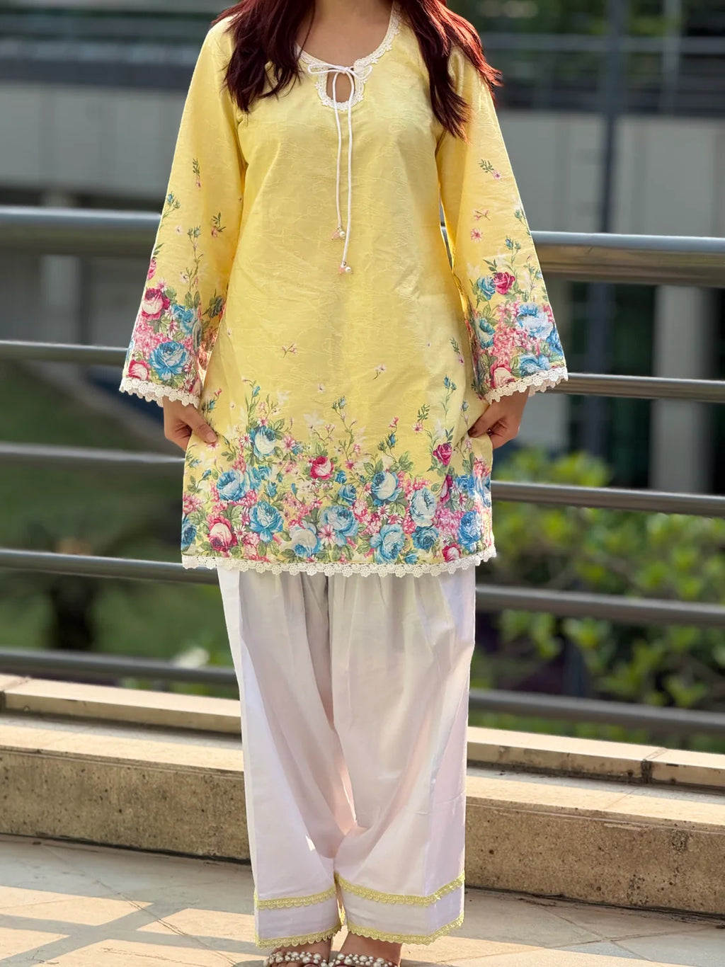 Women's Sunshine Yellow Floral Printed Cotton Farsi Salwar Suit Set