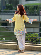 Women's Sunshine Yellow Floral Printed Cotton Farsi Salwar Suit Set