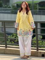 Women's Sunshine Yellow Floral Printed Cotton Farsi Salwar Suit Set