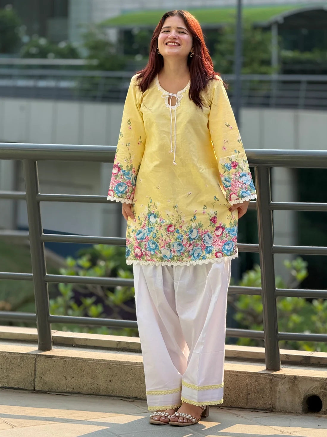 Women's Sunshine Yellow Floral Printed Cotton Farsi Salwar Suit Set