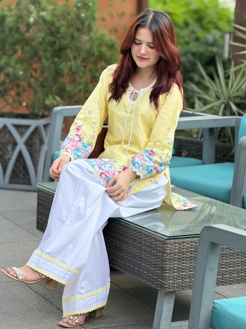 Women's Sunshine Yellow Floral Printed Cotton Farsi Salwar Suit Set