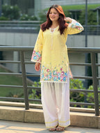 Women's Sunshine Yellow Floral Printed Cotton Farsi Salwar Suit Set