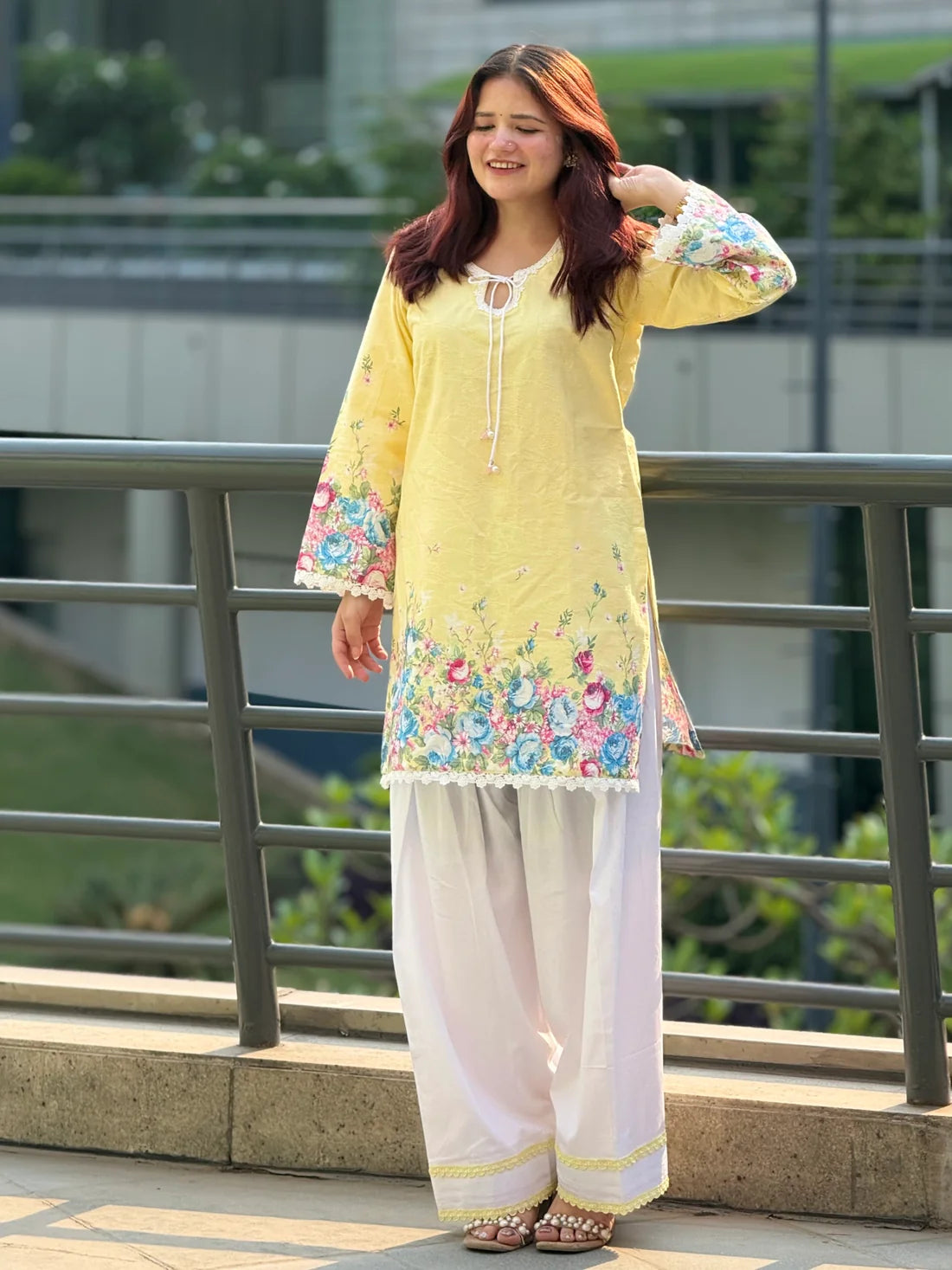 Women's Sunshine Yellow Floral Printed Cotton Farsi Salwar Suit Set