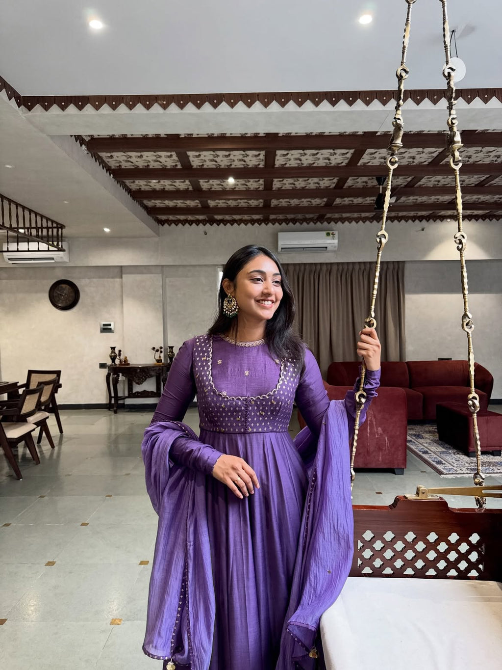 Women's Purple Mul Chanderi Anarkali Suit Set with Dupatta