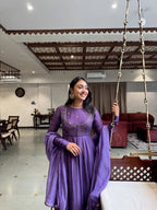 Women's Purple Mul Chanderi Anarkali Suit Set with Dupatta