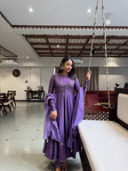 Women's Purple Mul Chanderi Anarkali Suit Set with Dupatta