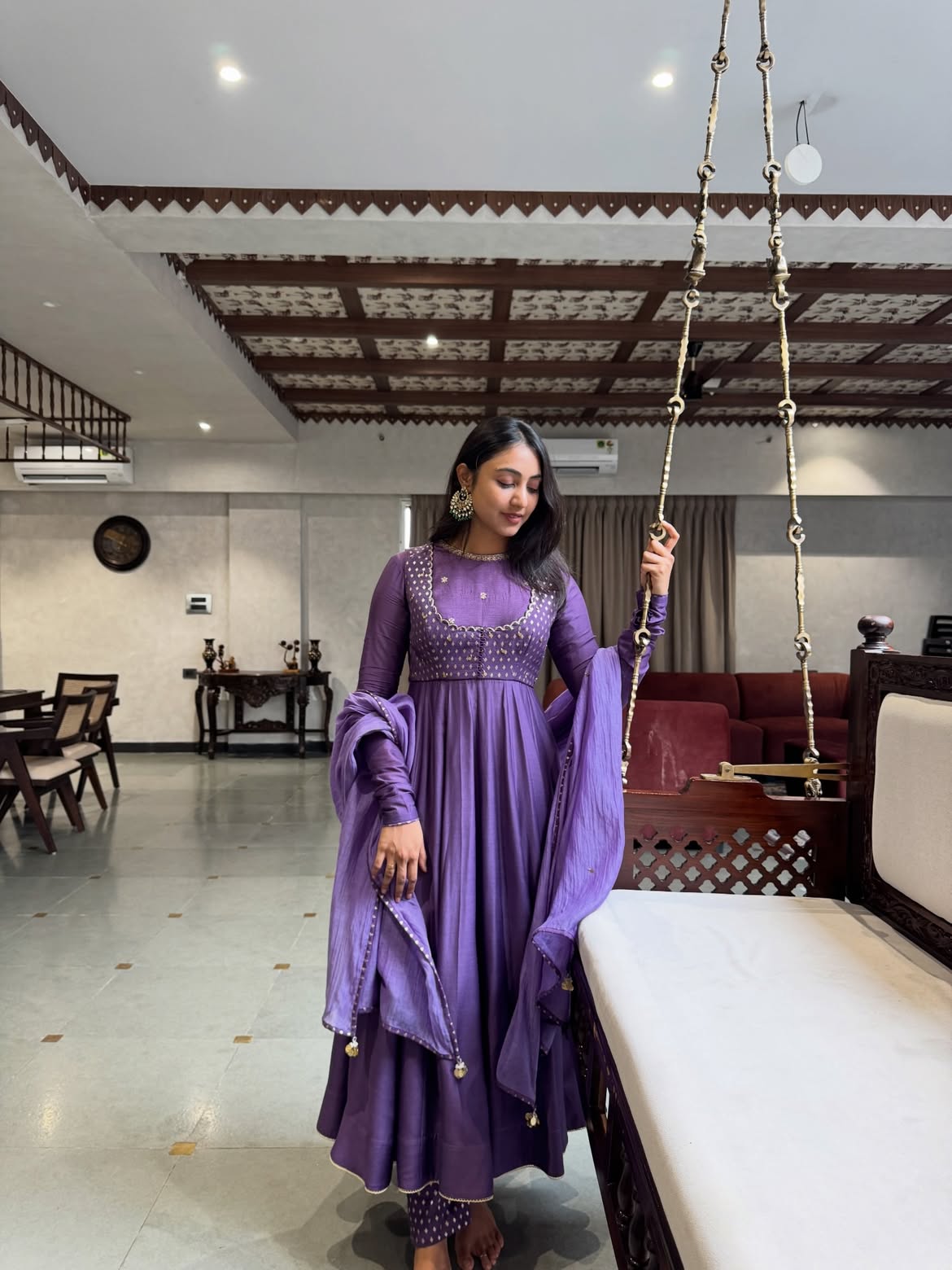 Women's Purple Mul Chanderi Anarkali Suit Set with Dupatta