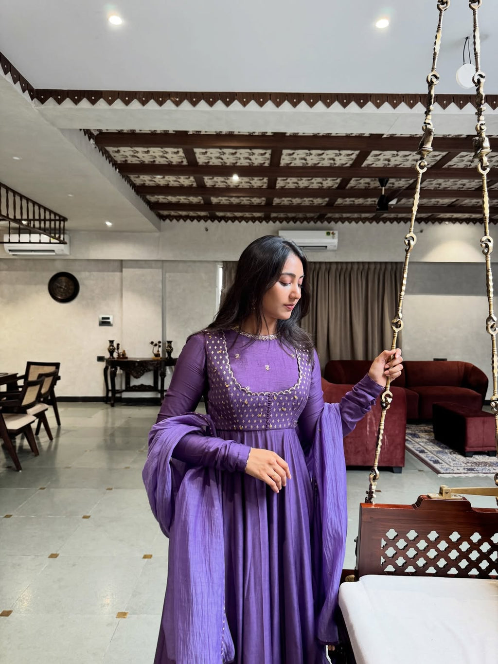 Women's Purple Mul Chanderi Anarkali Suit Set with Dupatta