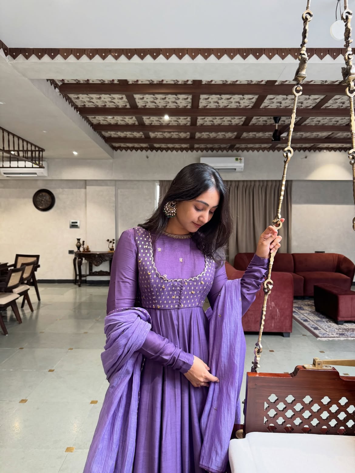 Women's Purple Mul Chanderi Anarkali Suit Set with Dupatta