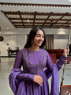 Women's Purple Mul Chanderi Anarkali Suit Set with Dupatta