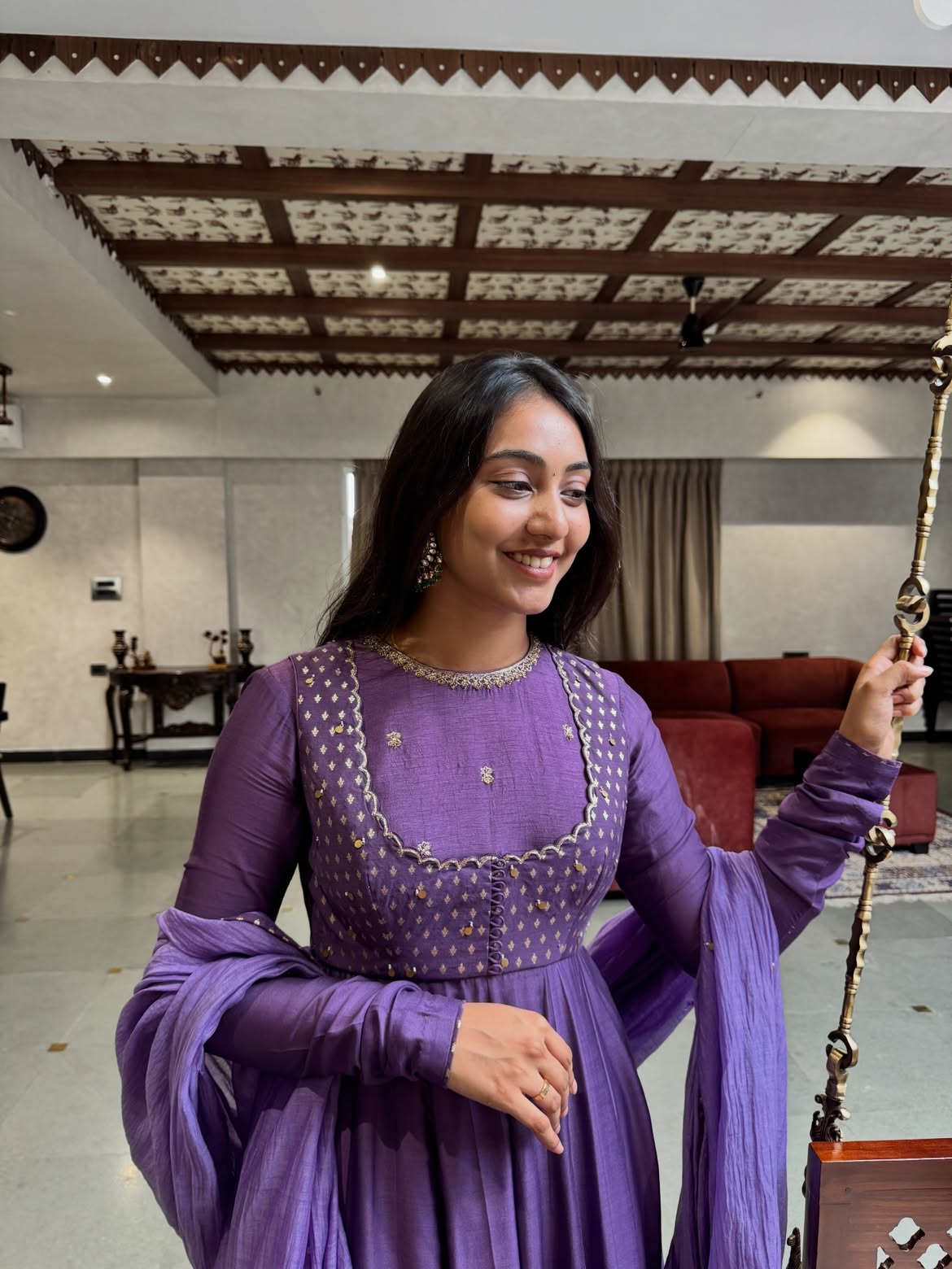 Women's Purple Mul Chanderi Anarkali Suit Set with Dupatta