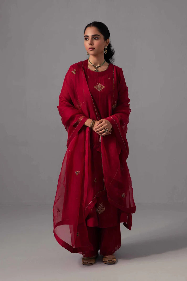 Crimson Red Embroidered Chanderi Kurta Set with Organza Dupatta