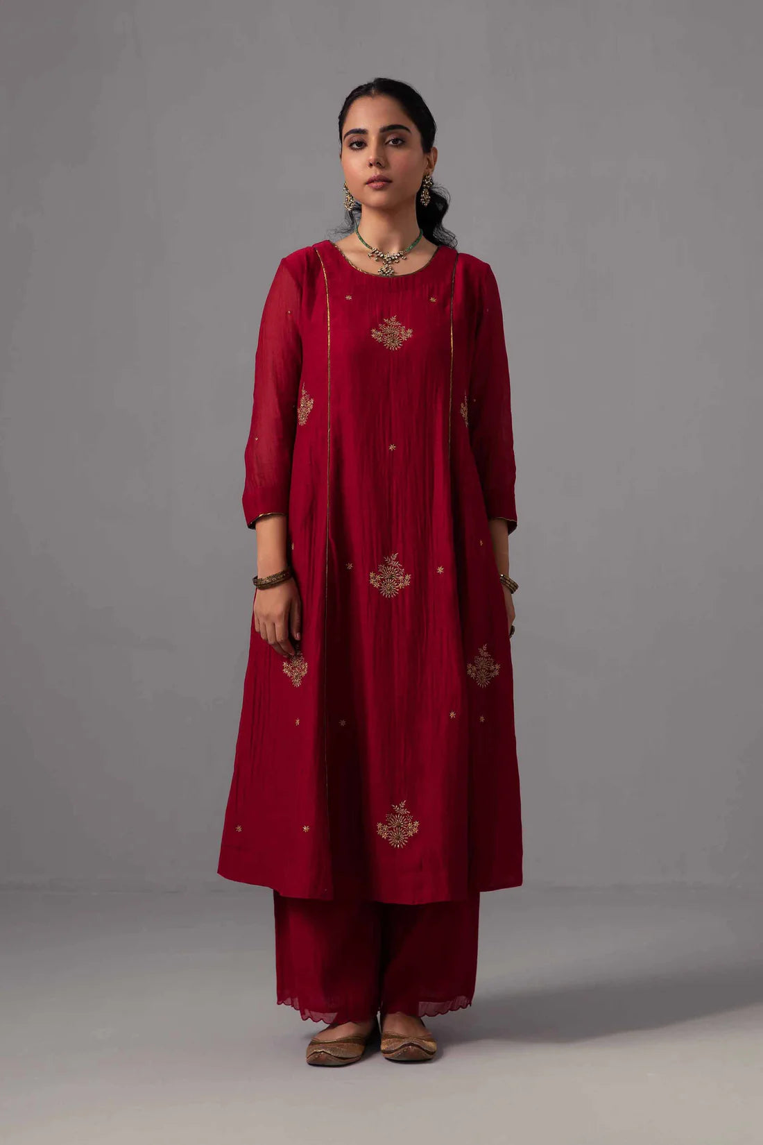 Crimson Red Embroidered Chanderi Kurta Set with Organza Dupatta