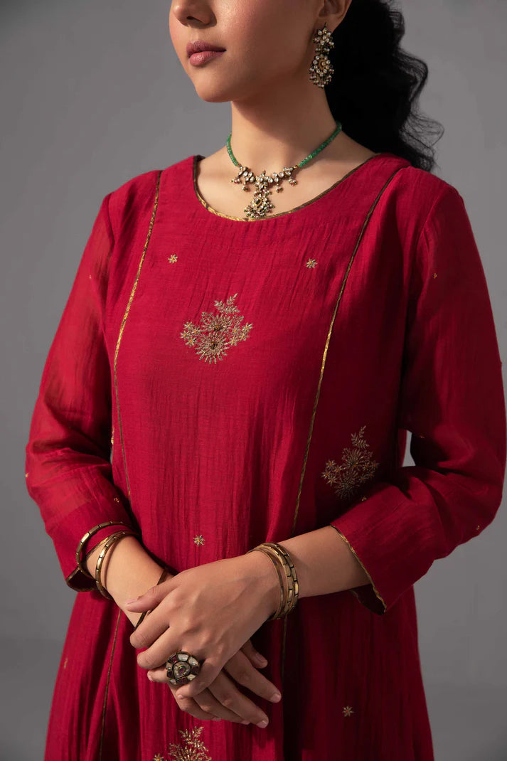 Crimson Red Embroidered Chanderi Kurta Set with Organza Dupatta
