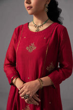 Crimson Red Embroidered Chanderi Kurta Set with Organza Dupatta