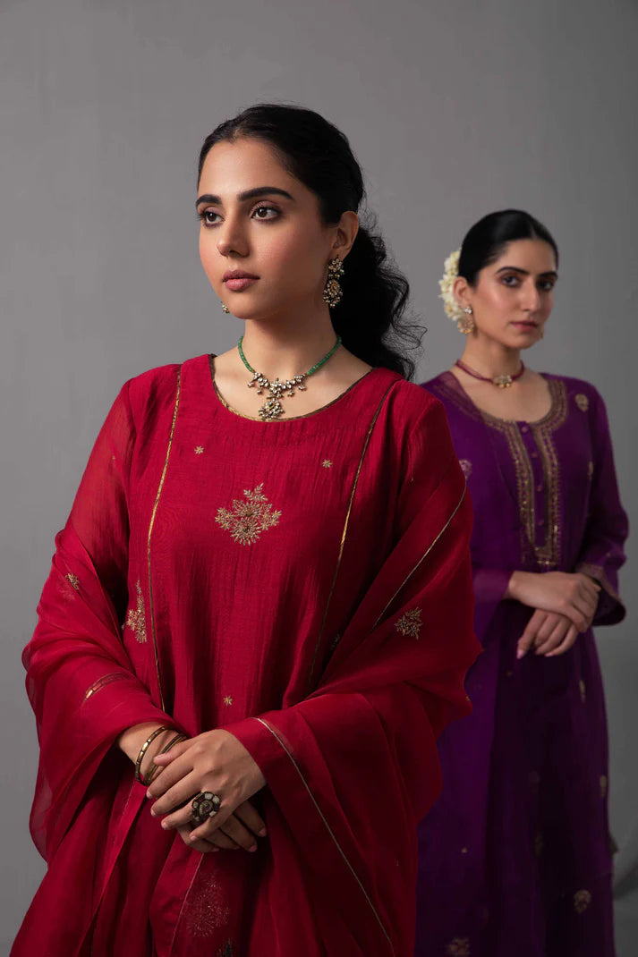 Crimson Red Embroidered Chanderi Kurta Set with Organza Dupatta