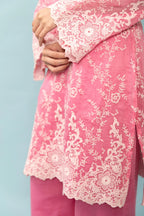 Blush Pink Floral Lace Embroidered Kurta Set with Organza Dupatta