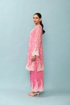 Blush Pink Floral Lace Embroidered Kurta Set with Organza Dupatta