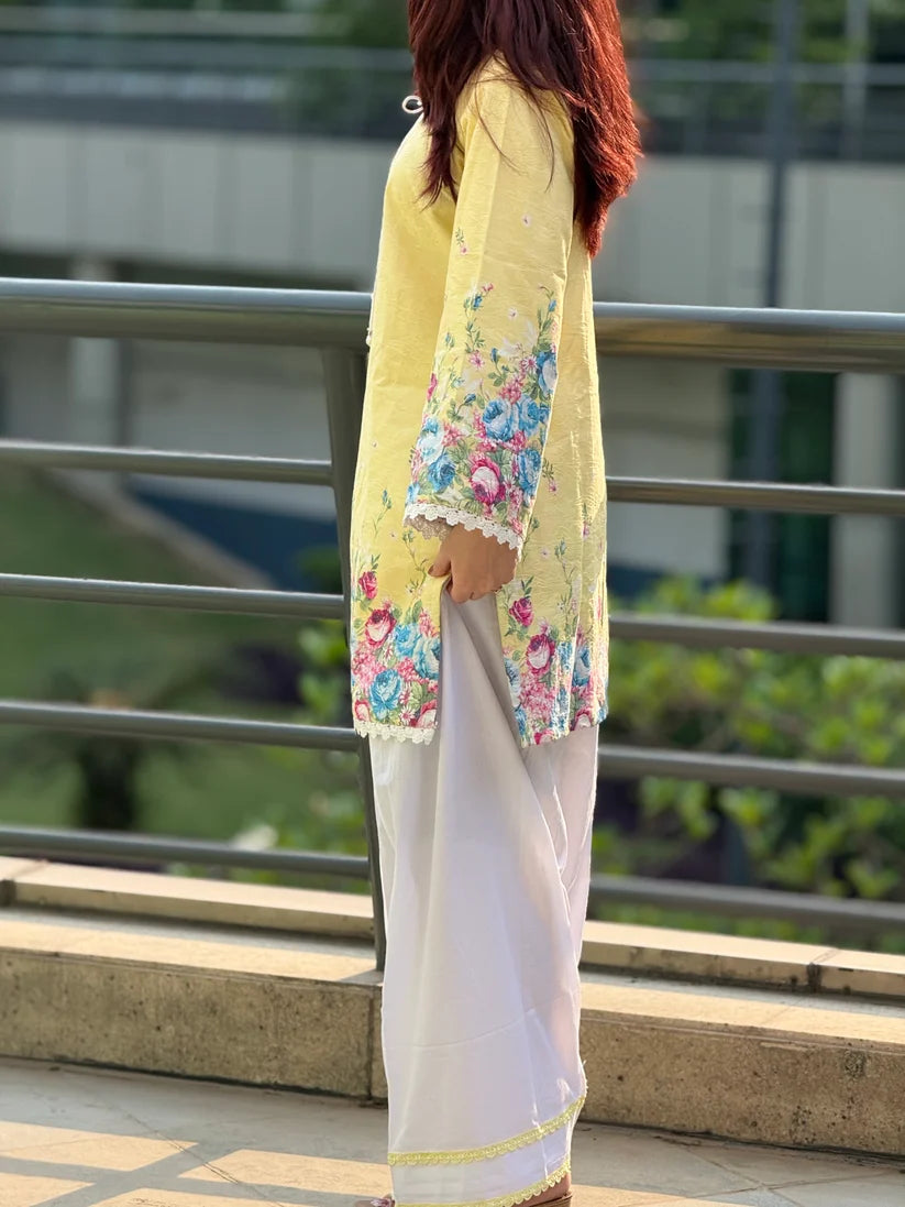Women's Sunshine Yellow Floral Printed Cotton Farsi Salwar Suit Set