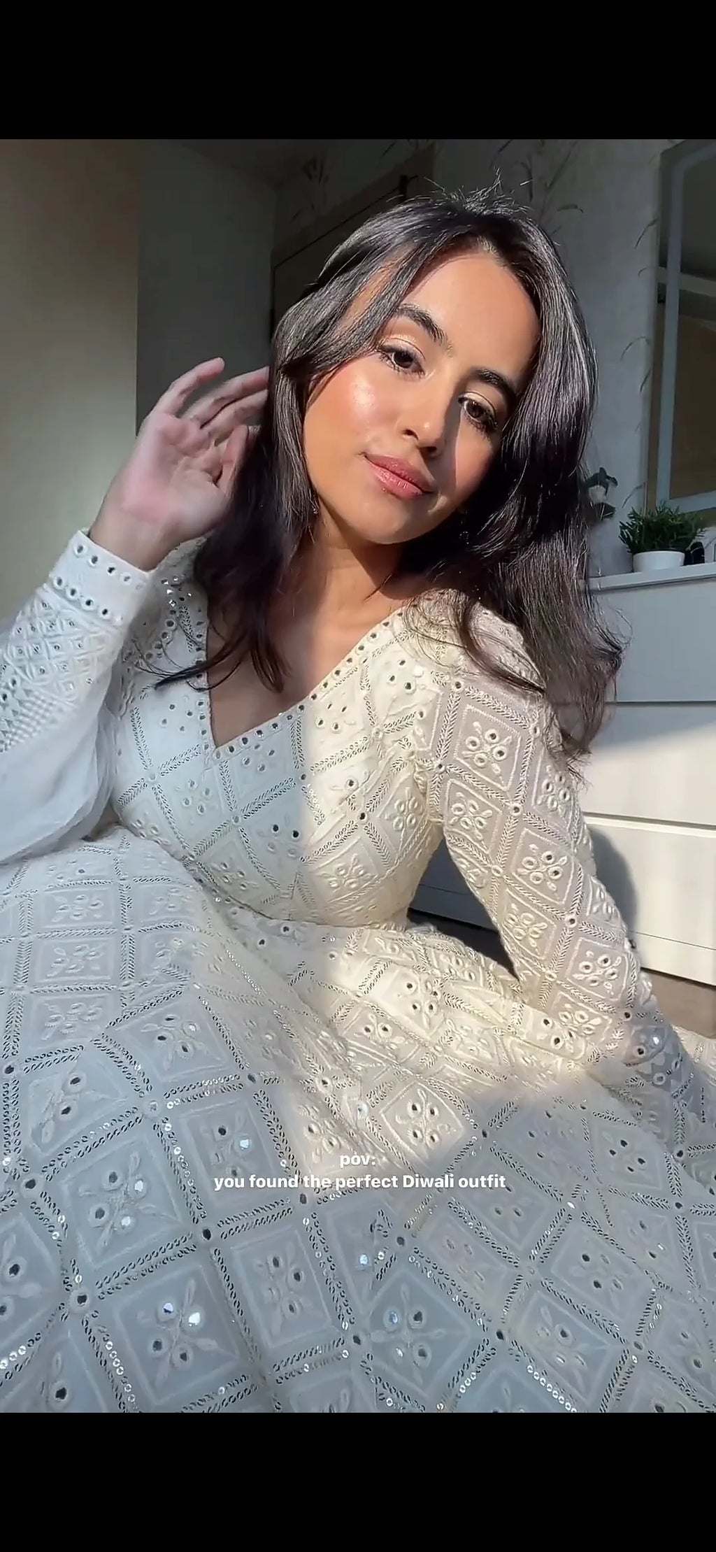 Ivory Elegance Mirror Work Anarkali Suit Set with Dupatta