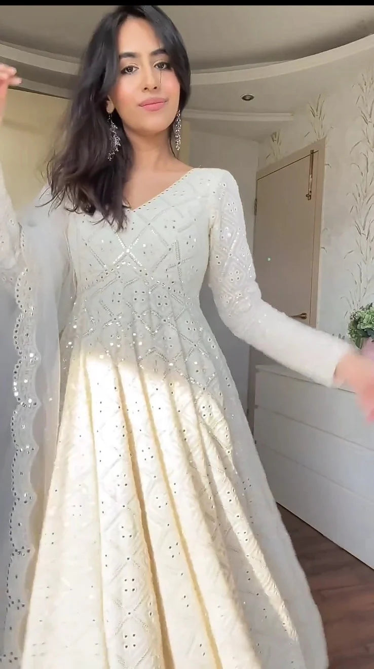 Ivory Elegance Mirror Work Anarkali Suit Set with Dupatta
