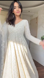 Ivory Elegance Mirror Work Anarkali Suit Set with Dupatta