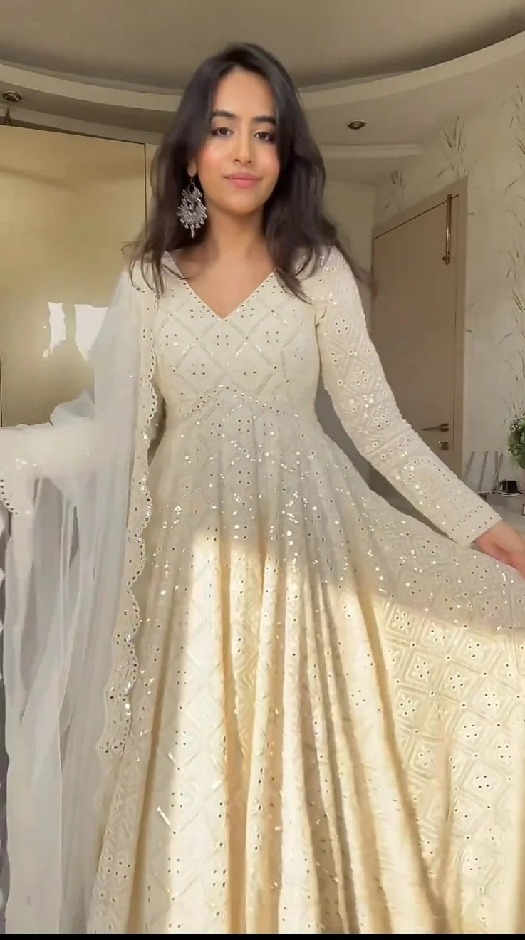Ivory Elegance Mirror Work Anarkali Suit Set with Dupatta