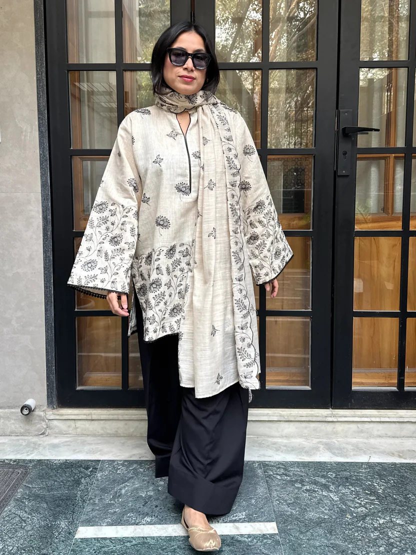 Natural Beige Linen Cotton Kurta Set with Floral Printed Dupatta