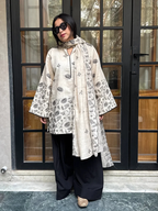 Natural Beige Linen Cotton Kurta Set with Floral Printed Dupatta