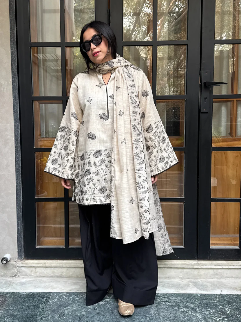Natural Beige Linen Cotton Kurta Set with Floral Printed Dupatta