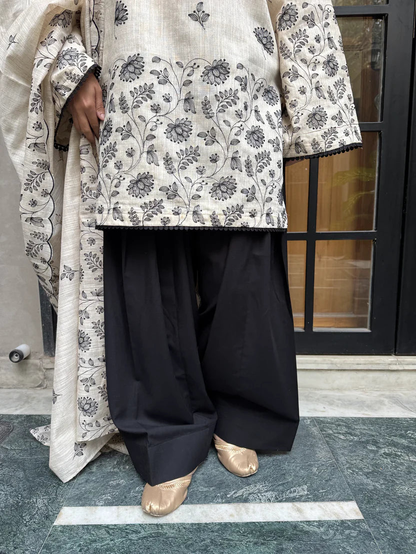 Natural Beige Linen Cotton Kurta Set with Floral Printed Dupatta