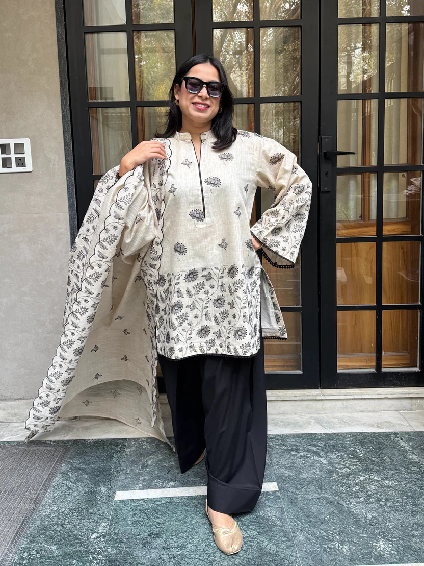 Natural Beige Linen Cotton Kurta Set with Floral Printed Dupatta