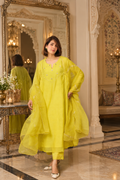 Lime Green Handwork Mul Chanderi Kurta Set with Flared Dupatta