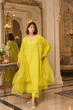 Lime Green Handwork Mul Chanderi Kurta Set with Flared Dupatta